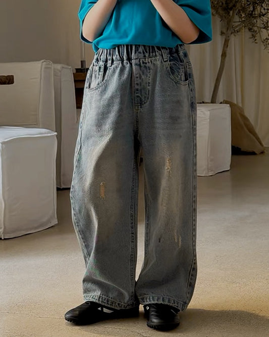 [Family] No. 7 Children's Warehouse Girl Retro Wash Jeans Spring New Western Style Ripped Wide-Leg Pants Trendy