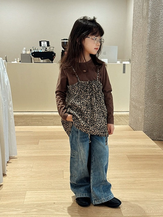 【100-160cm】レオパードロングスリーブTシャツ / キャミソール