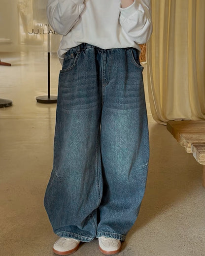 親子お揃い ウォッシュド カーブデニムパンツ｜120-160cm