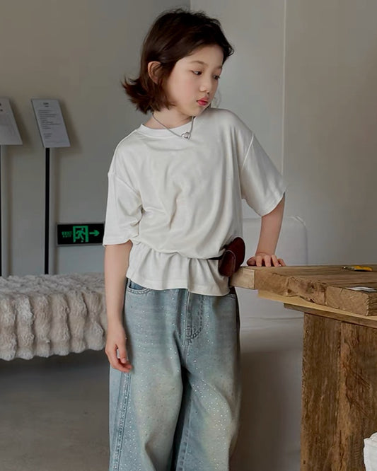 【Family】No. 7 Children's Wearhouse Girls' Versatile Plain Short-Sleeve T-Shirt Spring/Summer New Western Loose Top Trendy