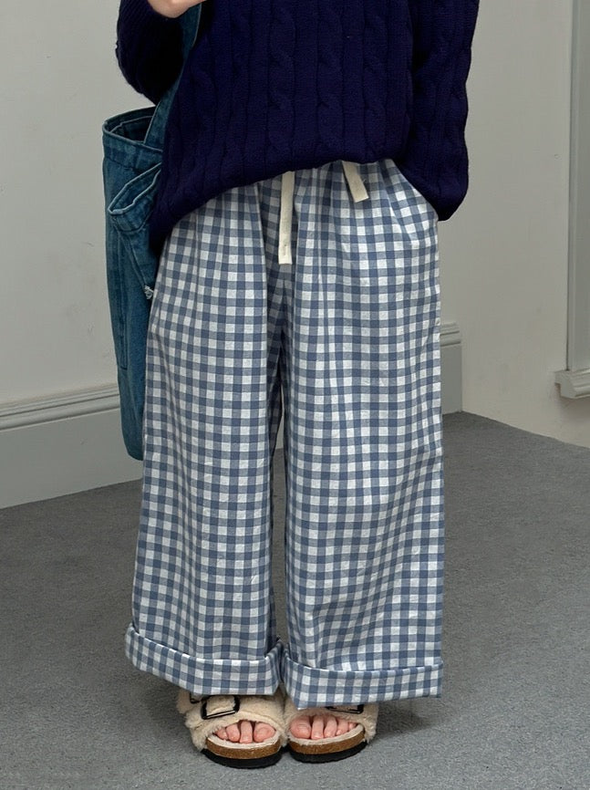 [90-160cm] Gingham check wide straight pants