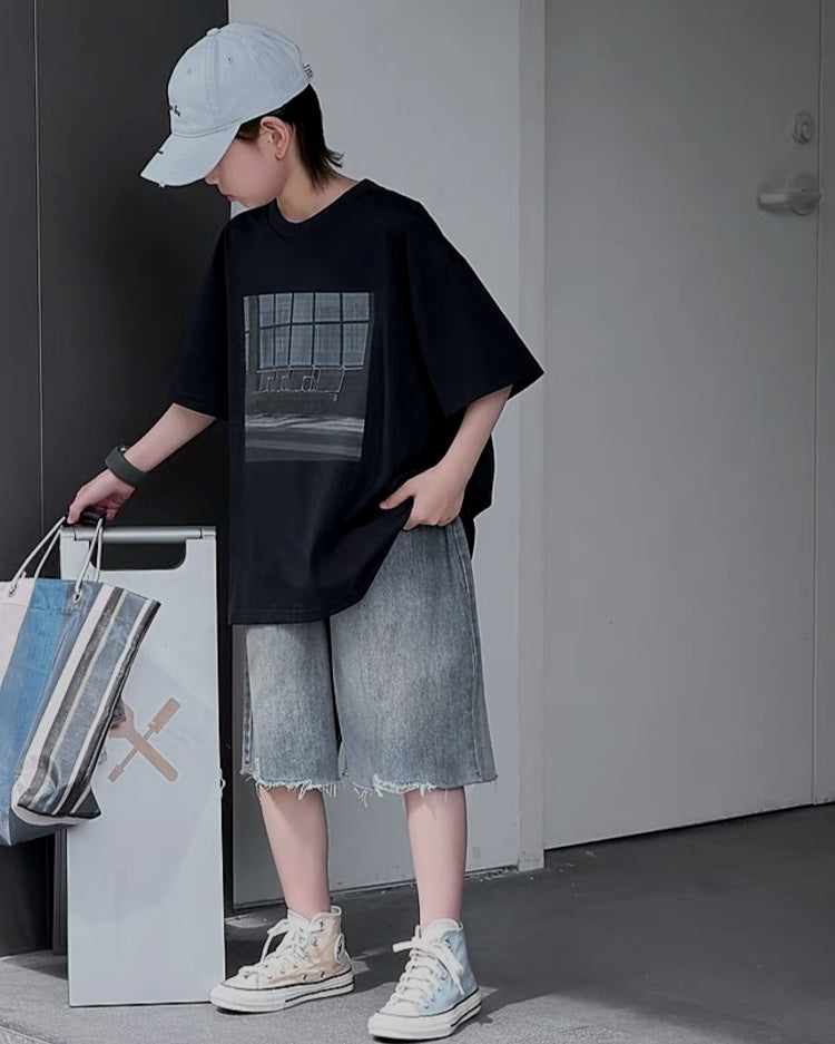 カットオフ ワイドデニムハーフパンツ｜110-160cm