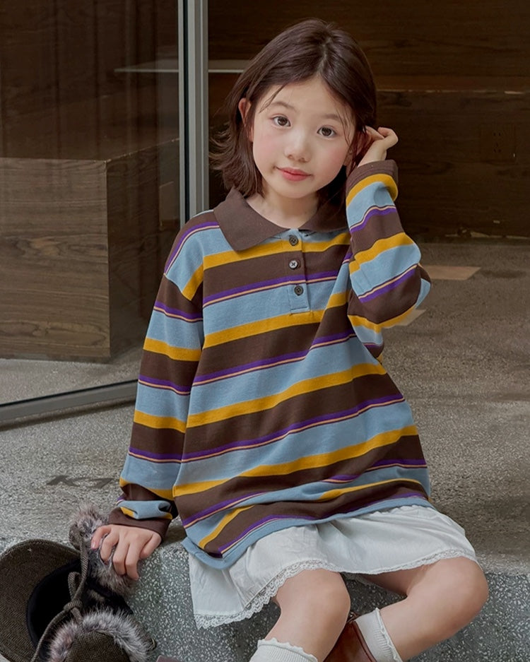 親子お揃い マルチボーダー ポロカラー長袖Tシャツ｜120-160cm