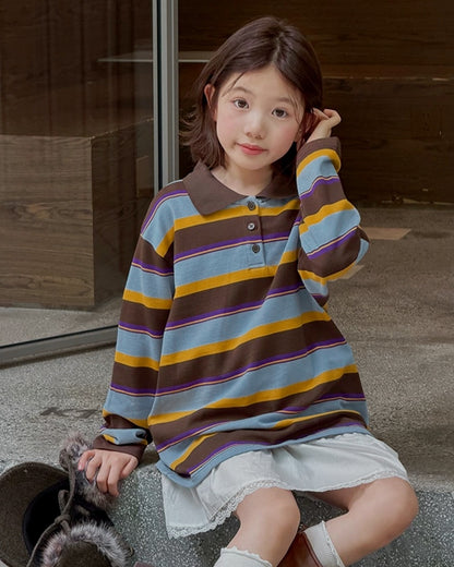 親子お揃い マルチボーダー ポロカラー長袖Tシャツ｜120-160cm
