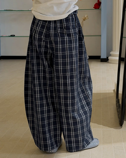 【110-160cm】親子お揃い チェック ワイドパンツ