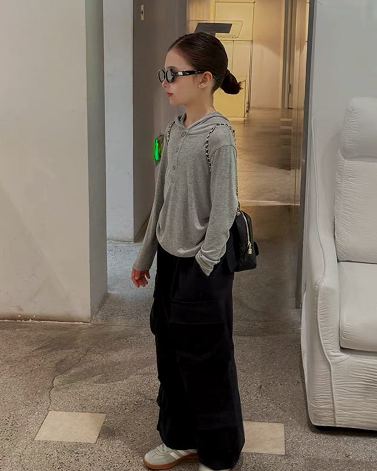 親子お揃い フード付きヘンリーネック 長袖カットソー｜120-160cm