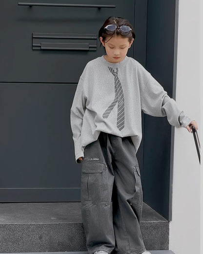 ネクタイプリント オーバーサイズ長袖Tシャツ｜110-160cm