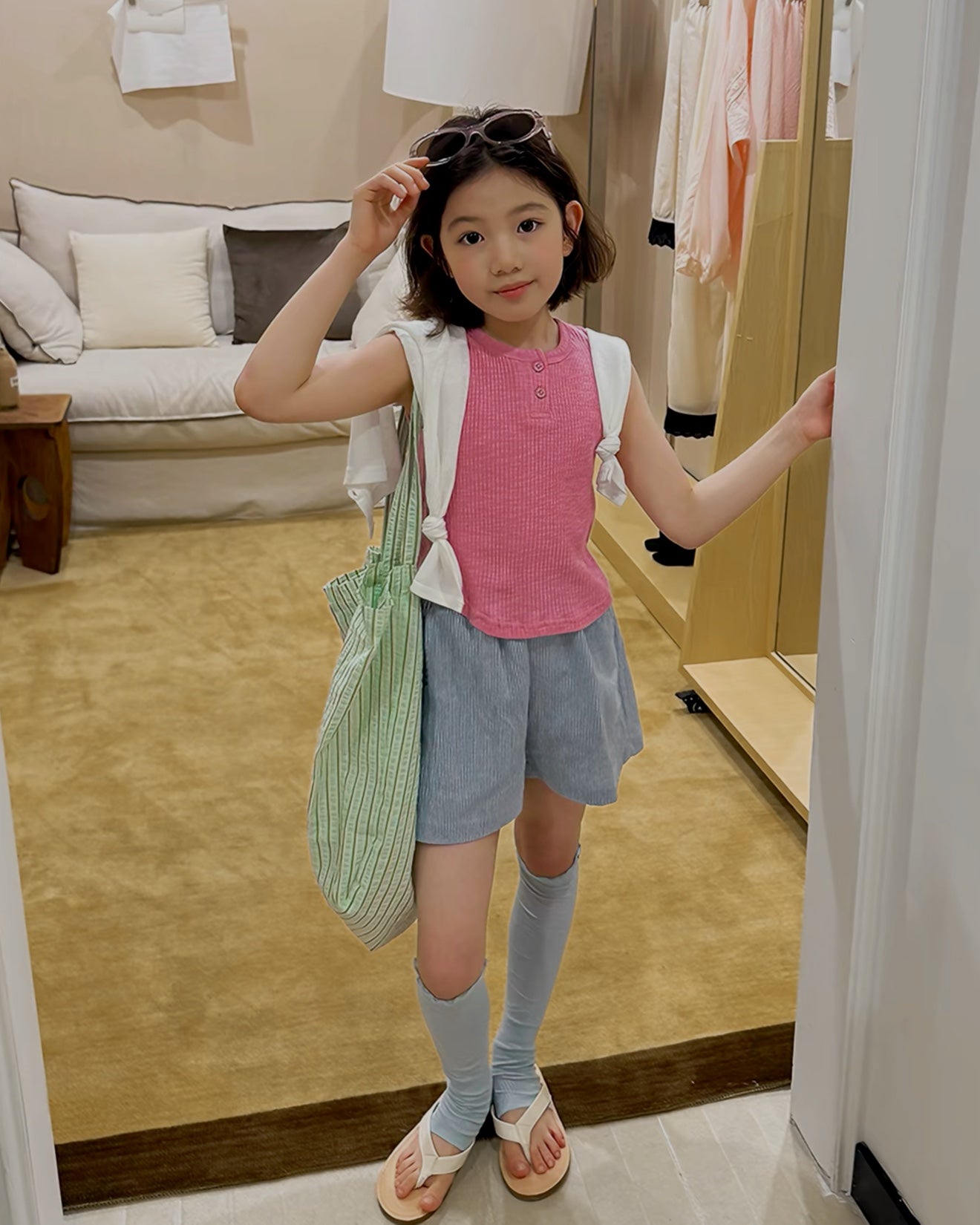 親子お揃い ブルーストライプ ワイドショートパンツ｜110-160cm
