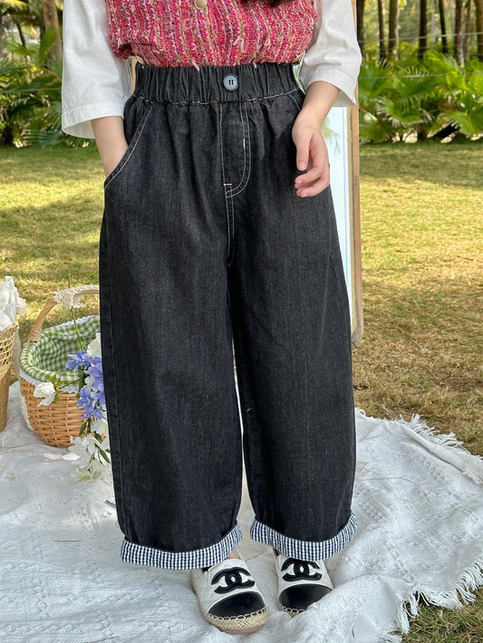 [90-160cm] Hem gingham check wide jeans