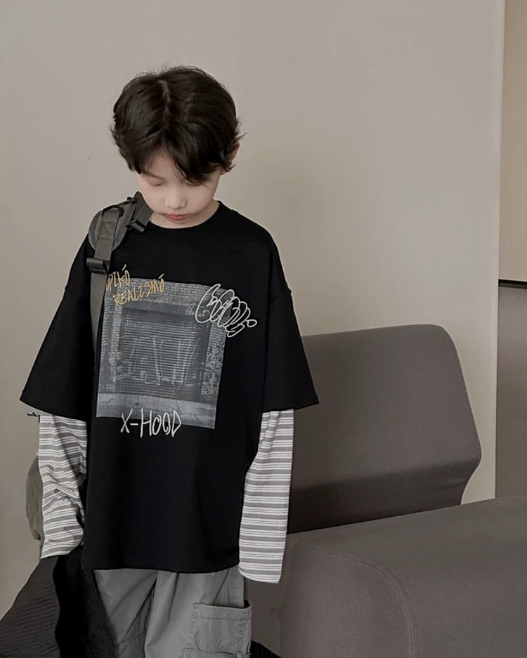 レイヤードスリーブ グラフィック Tシャツ ｜ 110-160cm