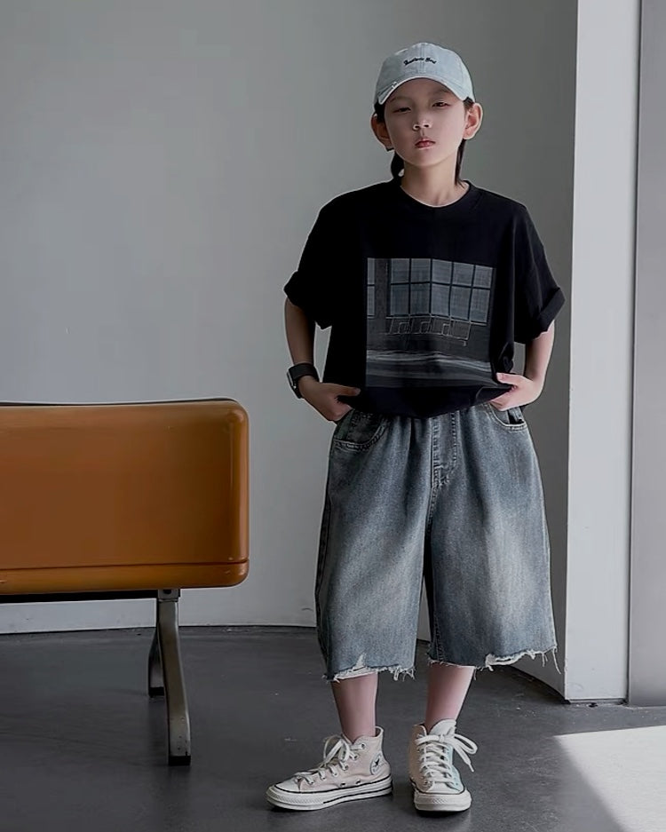 カットオフ ワイドデニムハーフパンツ｜110-160cm