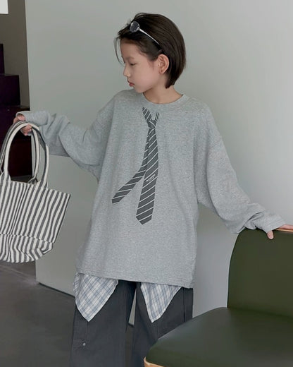 ネクタイプリント オーバーサイズ長袖Tシャツ｜110-160cm