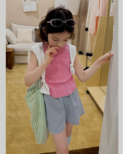 親子お揃い ブルーストライプ ワイドショートパンツ｜110-160cm
