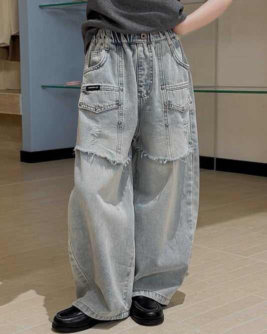 【110-160cm】ダメージ加工 ワイドデニムパンツ