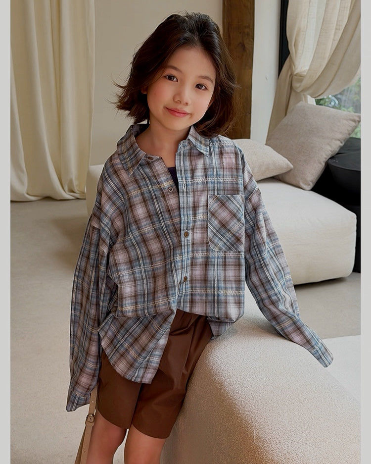 【110-160cm】親子お揃い チェック柄 オーバーサイズ シャツ