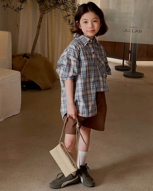 【110-160cm】親子お揃い チェック柄 オーバーサイズ シャツ