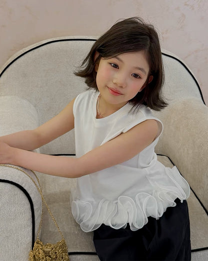 【110-160cm】チュールフリル ノースリーブトップス 全2色