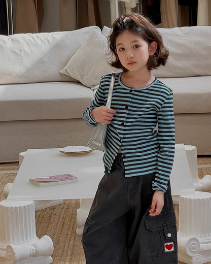 【110-160cm】親子お揃い リブボーダー 長袖カーディガン
