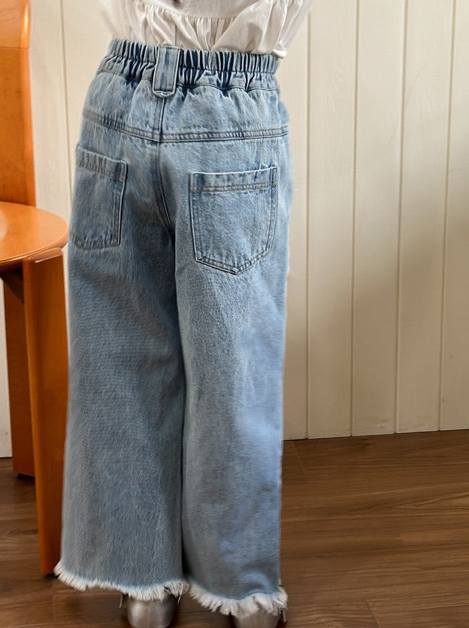 [90-160cm] Fringe hem straight jeans