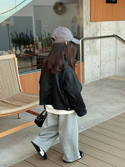 【100-160cm】フロントジップフェイクレザージャケット