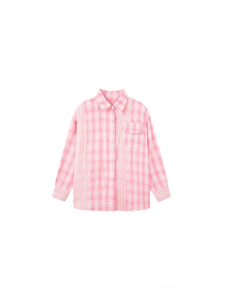 [90-160cm] Gingham check striped shirt