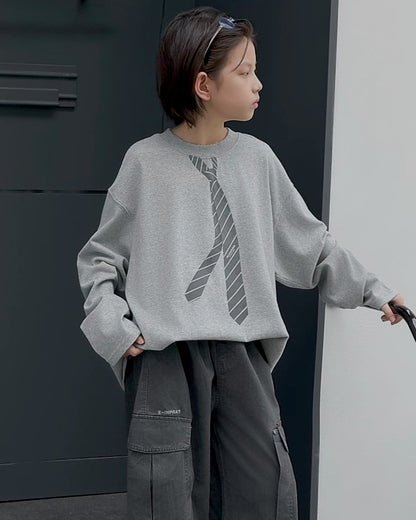 ネクタイプリント オーバーサイズ長袖Tシャツ｜110-160cm