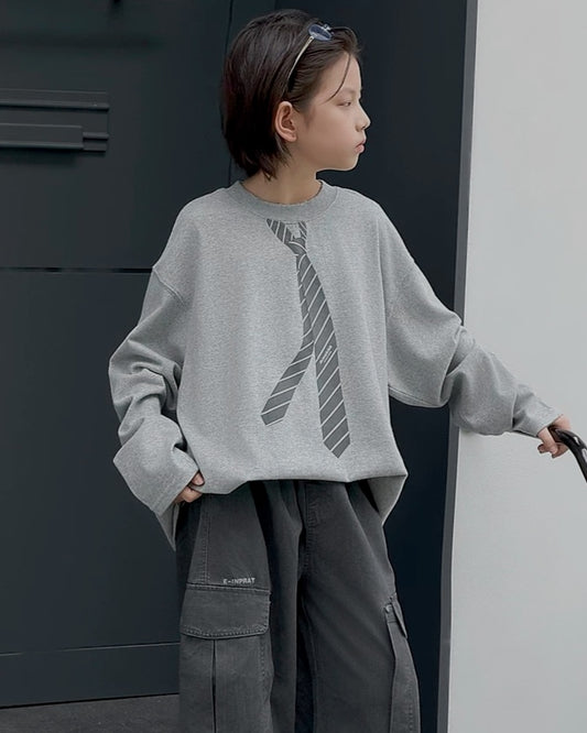 ネクタイプリント オーバーサイズ長袖Tシャツ｜110-160cm