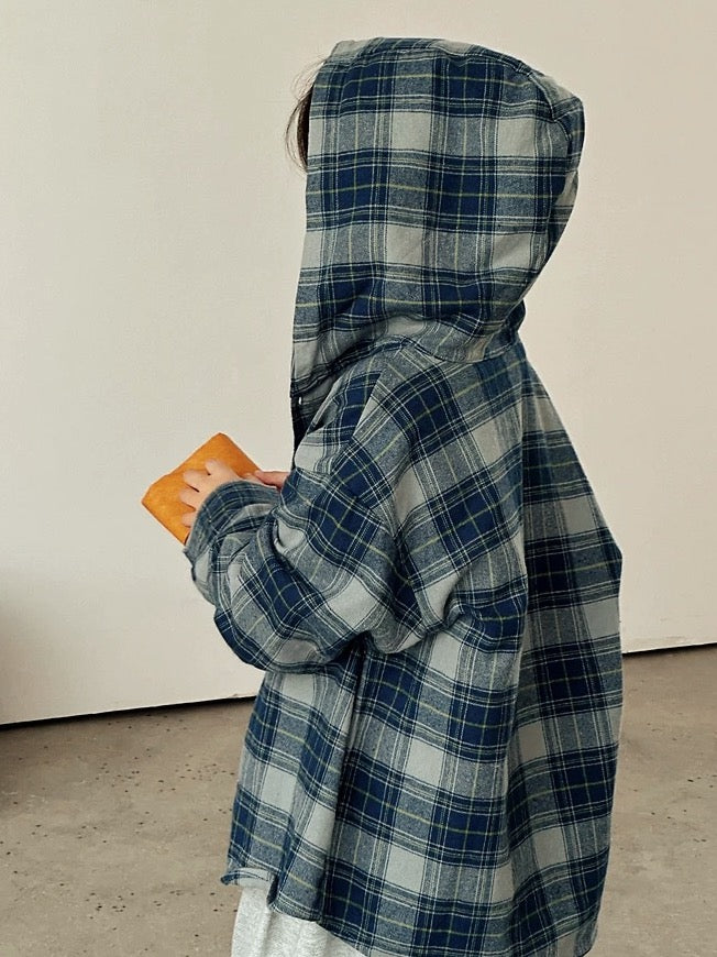 【110-160cm】フード付き ブルーチェック シャツ