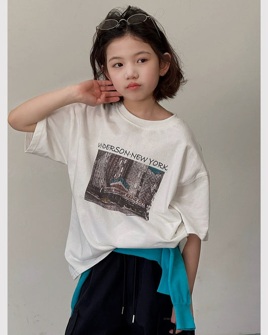 【110-160cm】親子お揃い NEW YORK フォトプリント 半袖 Tシャツ