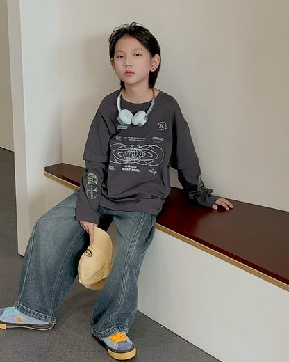 ウォッシュド ワイドデニムパンツ｜120-160cm