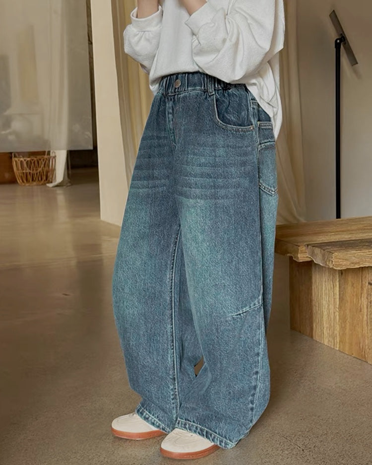 親子お揃い ウォッシュド カーブデニムパンツ｜120-160cm
