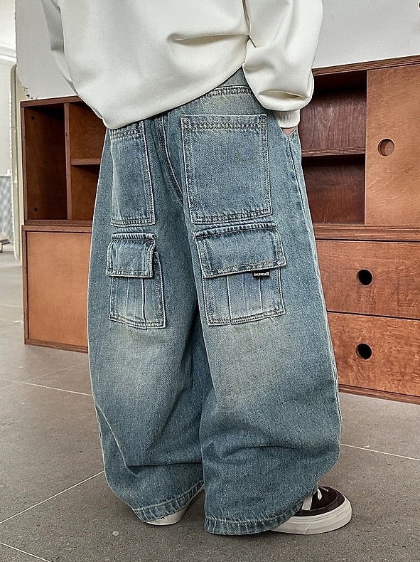 [100-160cm] Back pocket wide jeans
