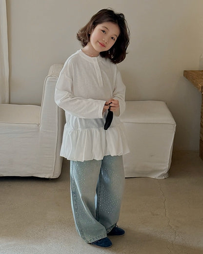 【110-160cm】親子お揃い ラインストーン ワイドデニムパンツ