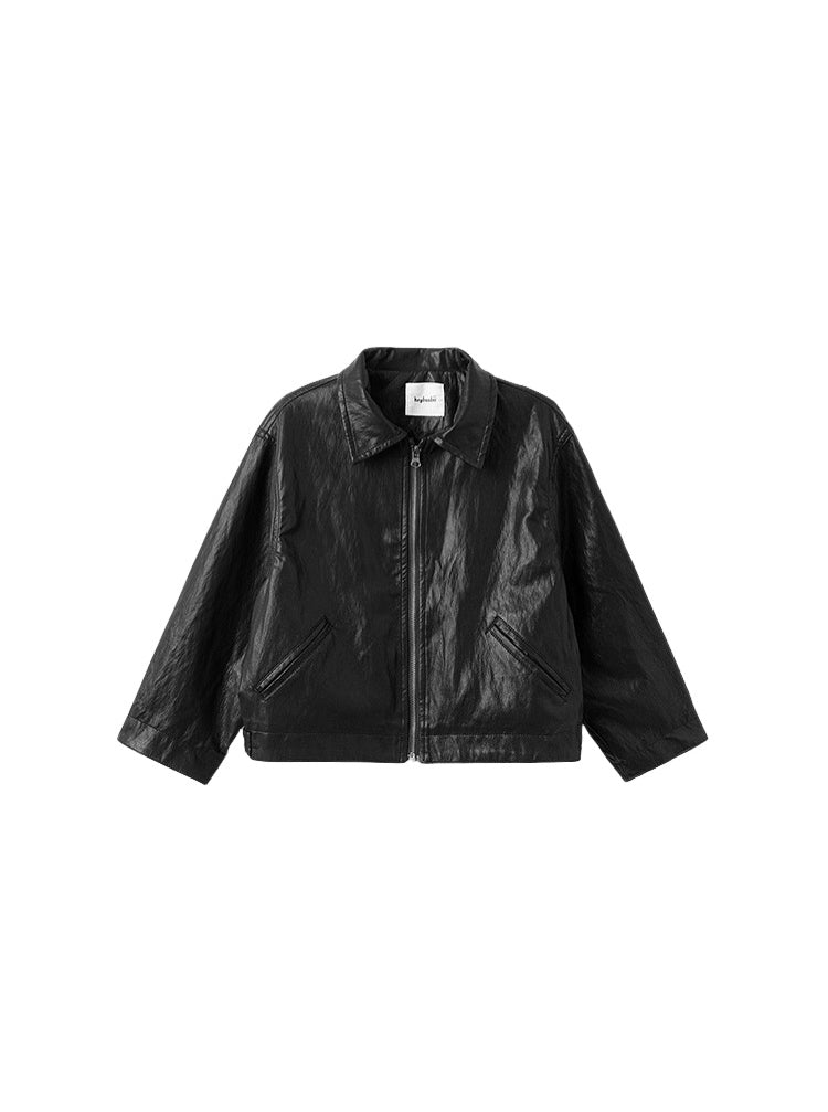 【100-160cm】フロントジップフェイクレザージャケット