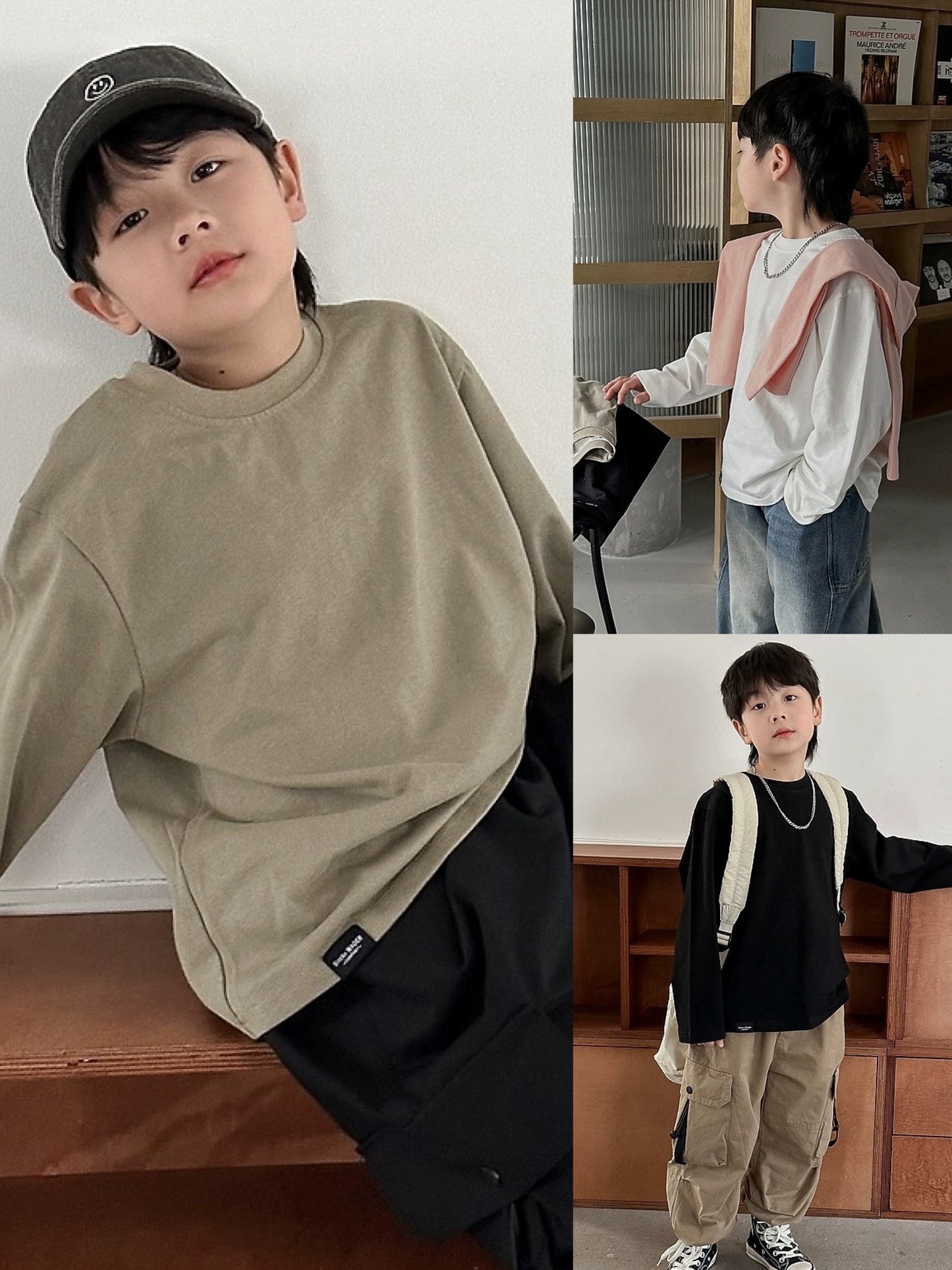 [100-160cm] Crew neck solid long sleeve T-shirt
