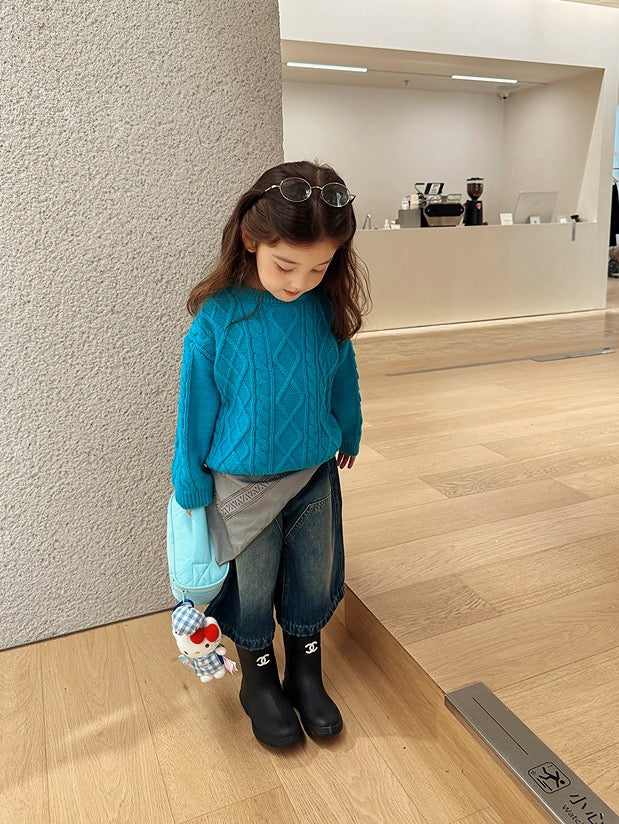 【100-160cm】クルーネックケーブルニット