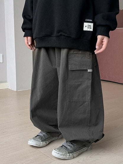 【110-160cm】コットンツイル 裾タック ルーズパンツ