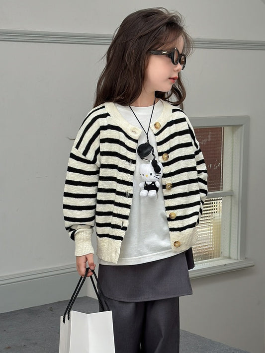 [90-160cm] Crew neck striped cardigan