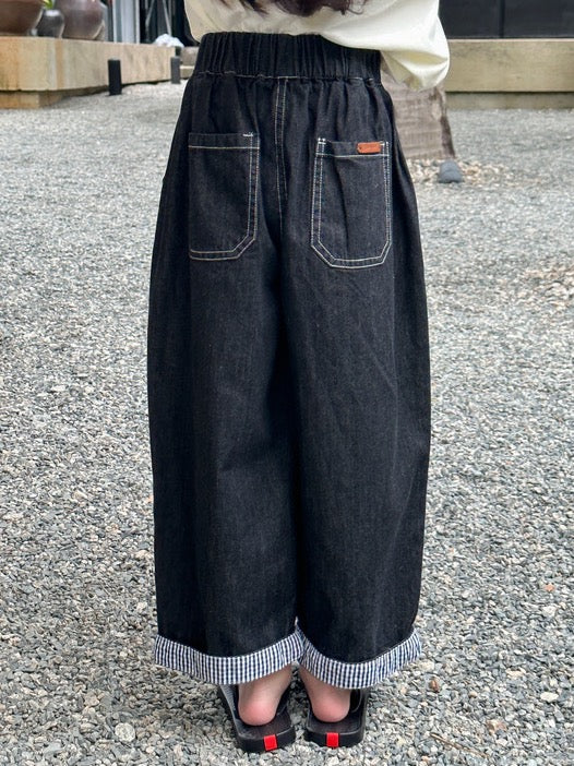 【90-160cm】裾ギンガムチェック ワイドジーンズ
