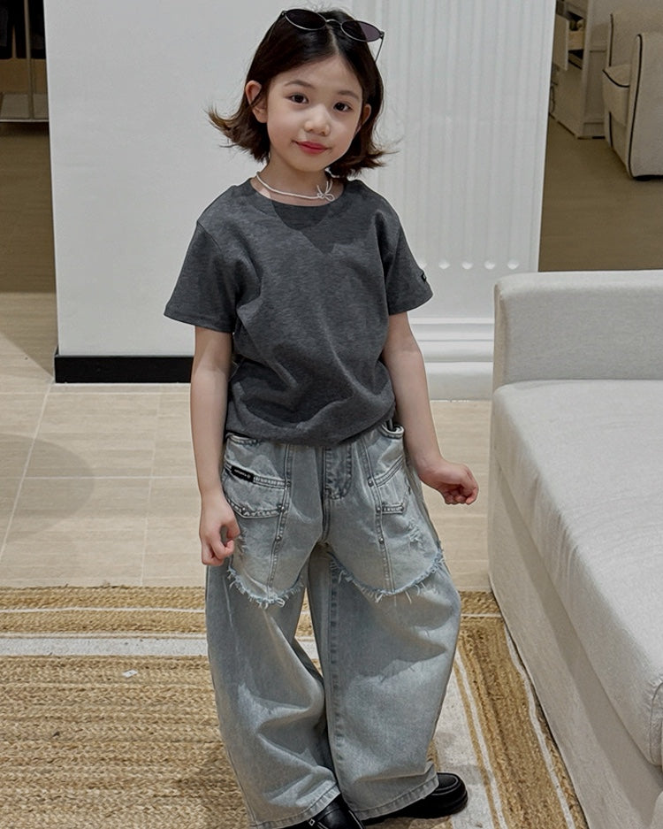 【110-160cm】ダメージ加工 ワイドデニムパンツ