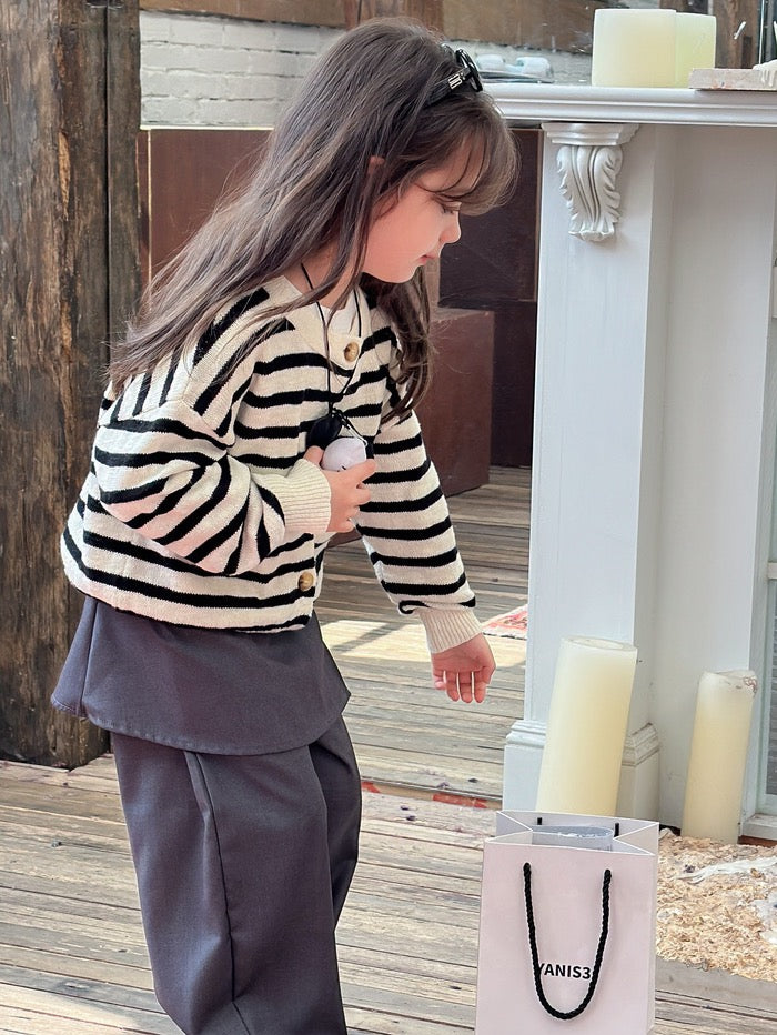 [90-160cm] Crew neck striped cardigan