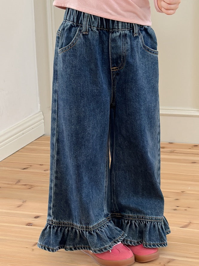 [90-160cm] Wide jeans with frilled hem