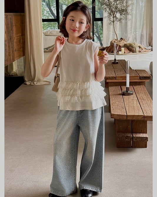 【110-160cm】チュールフリル ノースリーブトップス
