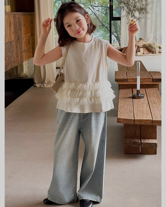【110-160cm】チュールフリル ノースリーブトップス