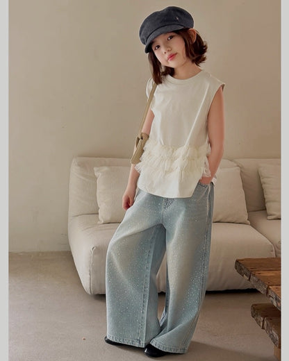 【110-160cm】チュールフリル ノースリーブトップス