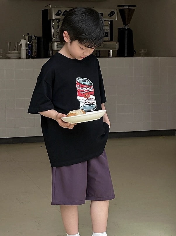 【100-160cm】クルーネック 缶 プリント Tシャツ