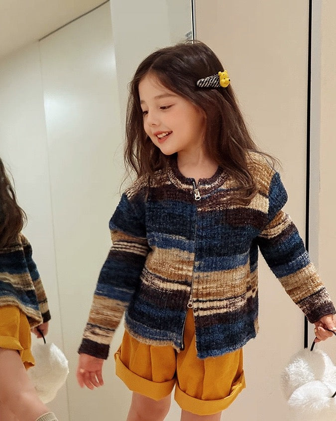 【100-160cm】ダブルジップ 配色ボーダーカーディガン