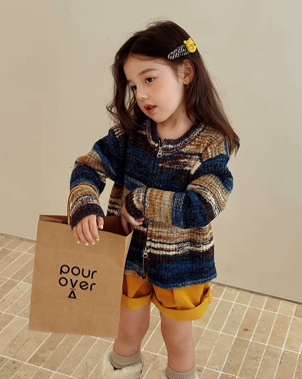 【100-160cm】ダブルジップ 配色ボーダーカーディガン