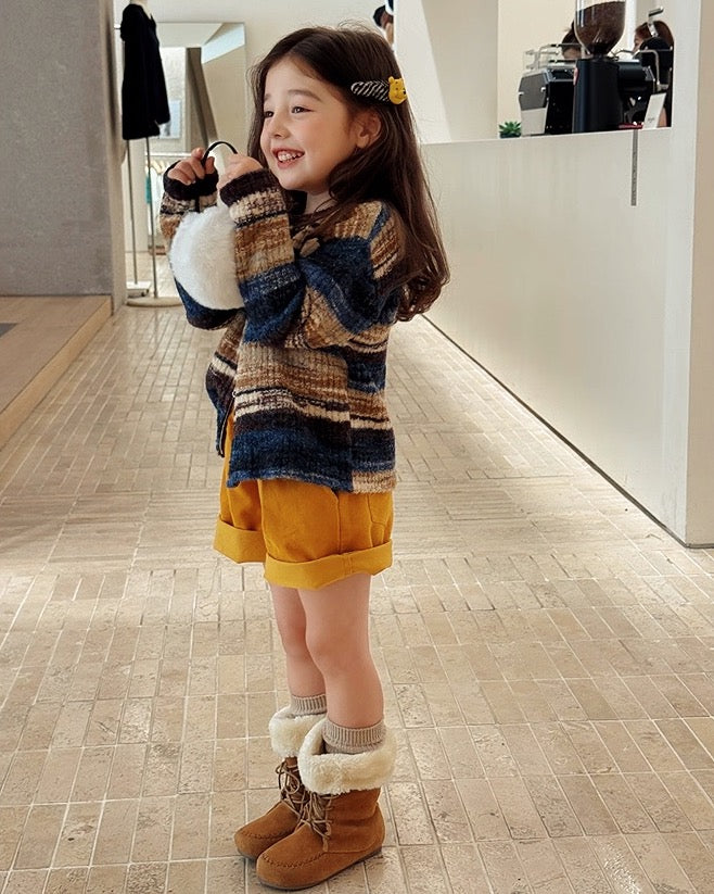 【100-160cm】ダブルジップ 配色ボーダーカーディガン