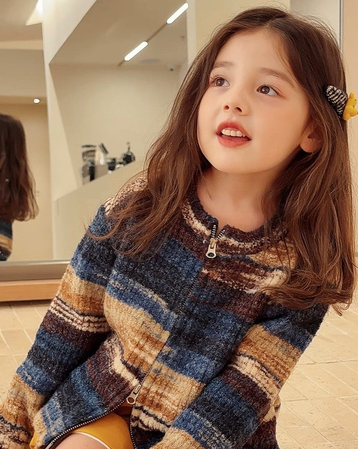 【100-160cm】ダブルジップ 配色ボーダーカーディガン